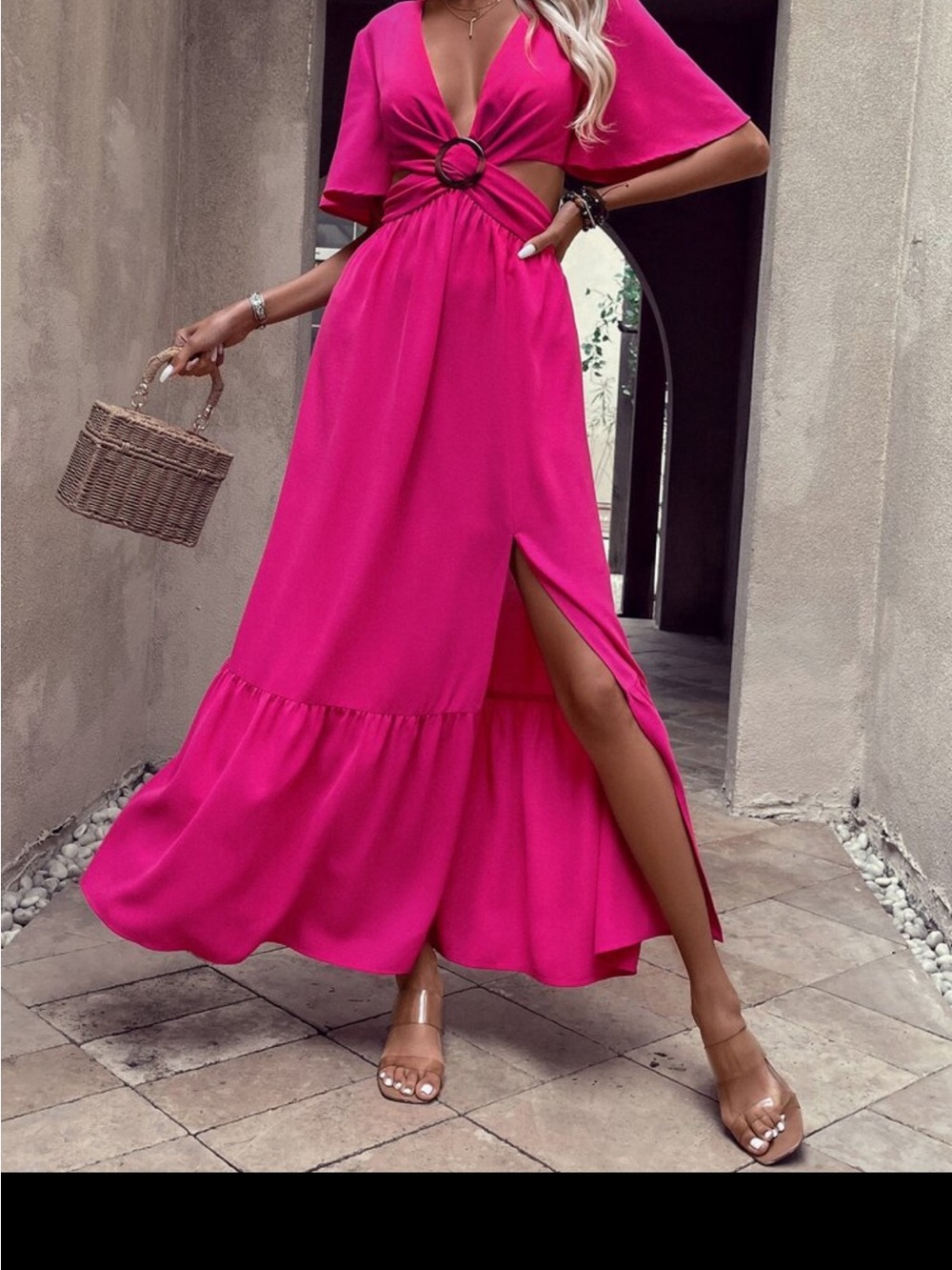 Skue Hot Pink Cutout Maxi Dress with Ring Detail & Side Slit – Size Small